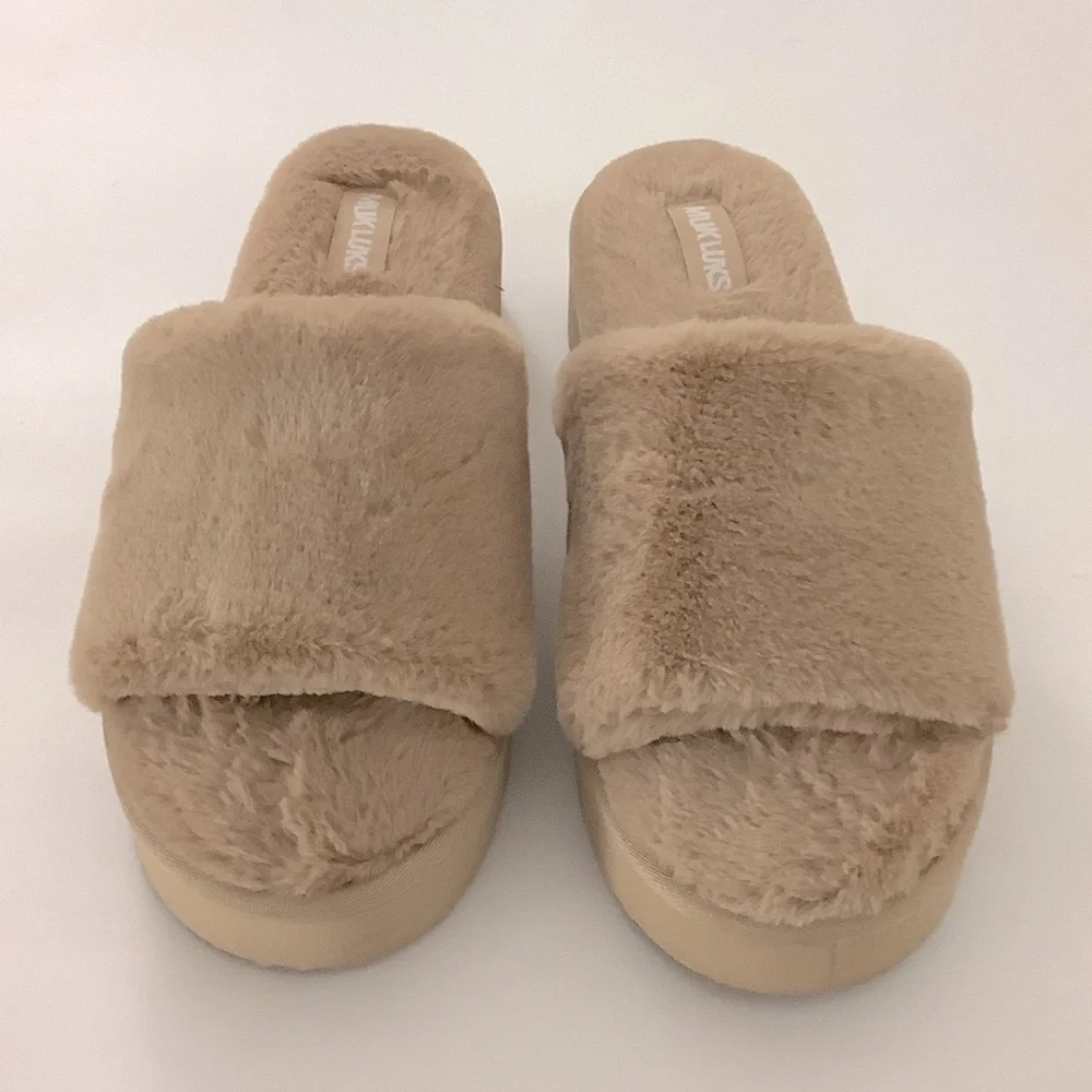 Muk LUKS Kirsten Platform Slide Slippers Faux Fur Boho Casual Indoor/Outdoor Y2K